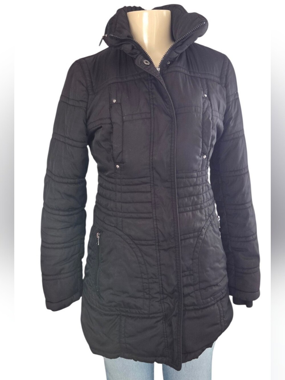 Kenneth Cole Reaction Women’s Small Black Quilted Puffer Coat Hidden Hood